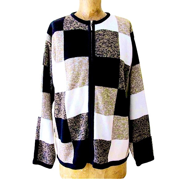 Dressbarn plus size 18/20 black gold white acrylic checkered zip cardigan EUC - Picture 4 of 15